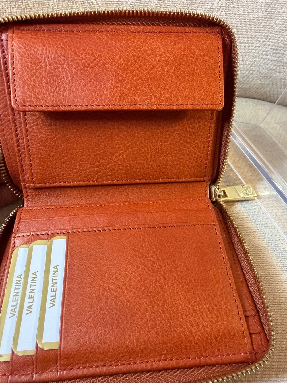 Valentina Compact Embossed Zip Wallet in Rust Tan with Gold Hardware